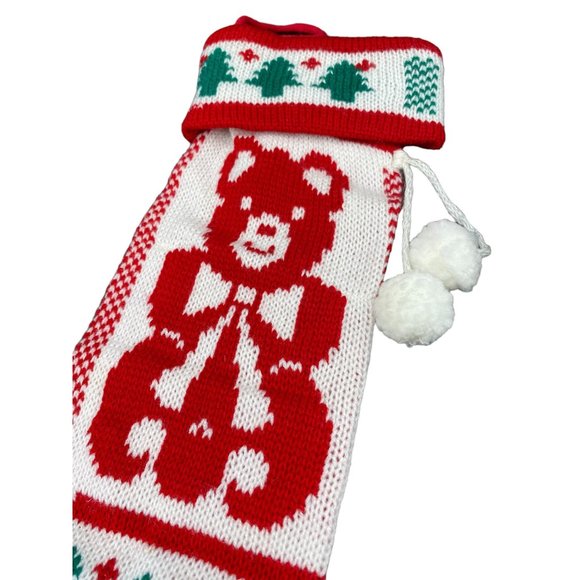 Vintage Teddy Bear Knit Christmas Stocking with pom poms 21" - Picture 3 of 14